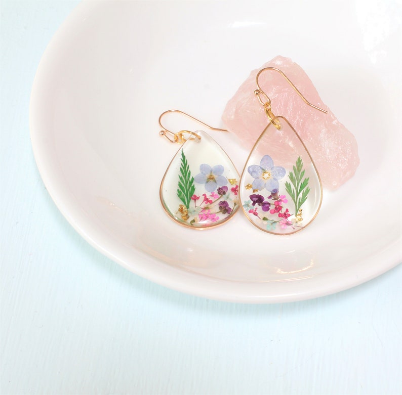Pressed Flower Earrings Large Teardrop Dangles Dried Flower Etsy