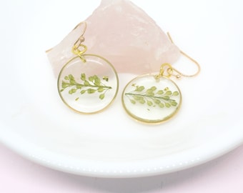 Real Leaf Dangle Earrings, Pressed Plant Jewelry, Resin Flower Jewelry, Nature Lover Gift, Real Resin Fern Earrings, Handmade Pressed Flower