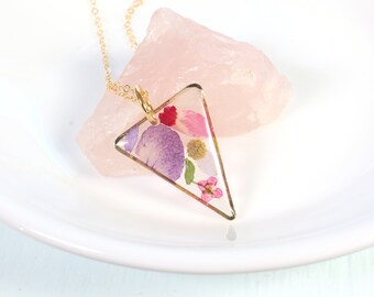 Small mixed wildflower necklace, pressed flower resin pendant, handmade, geometric triangle, colorful botanical jewelry, nature lover gift