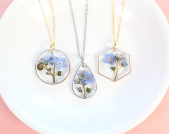 Pressed flower jewelry set, real blue forget-me-not necklaces, studs, dangles, Mother's Day gift, Anniversary gift, resin, forget me not