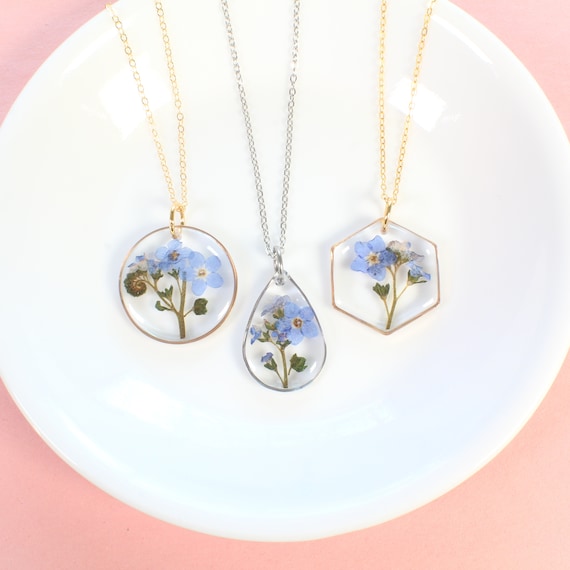 Pressed flower jewelry set, real blue forget-me-not necklaces, studs, dangles, Mother's Day gift, Anniversary gift, resin, forget me not