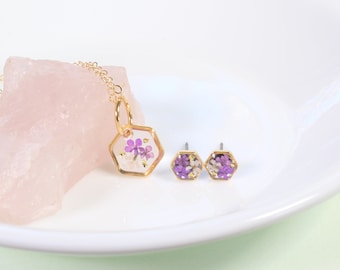 Purple pressed flower jewelry set, tiny hexagon studs and necklace, dried flower gift for her, minimalist dainty, small, gold filled, silver