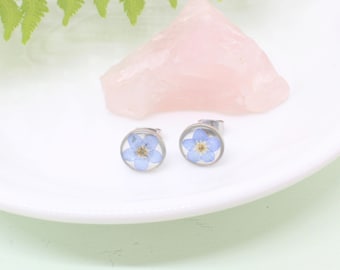 Pressed Flower Earrings, Blue Forget-me-not Studs, Silver Circle Earring, Hypoallergenic titanium Jewelry, Real DriyFlowers Resin Plant Stud
