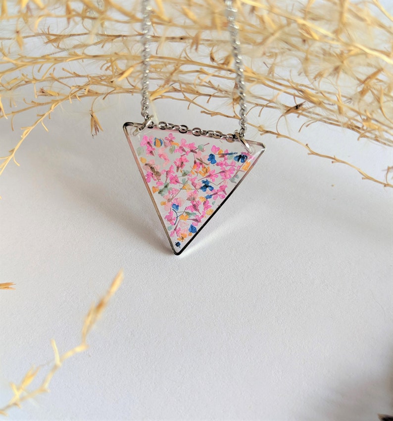 Light Pink Geometric Boho Orange Silver Triangle Necklace with Real Pressed Flowers in Bright Pink and Blue