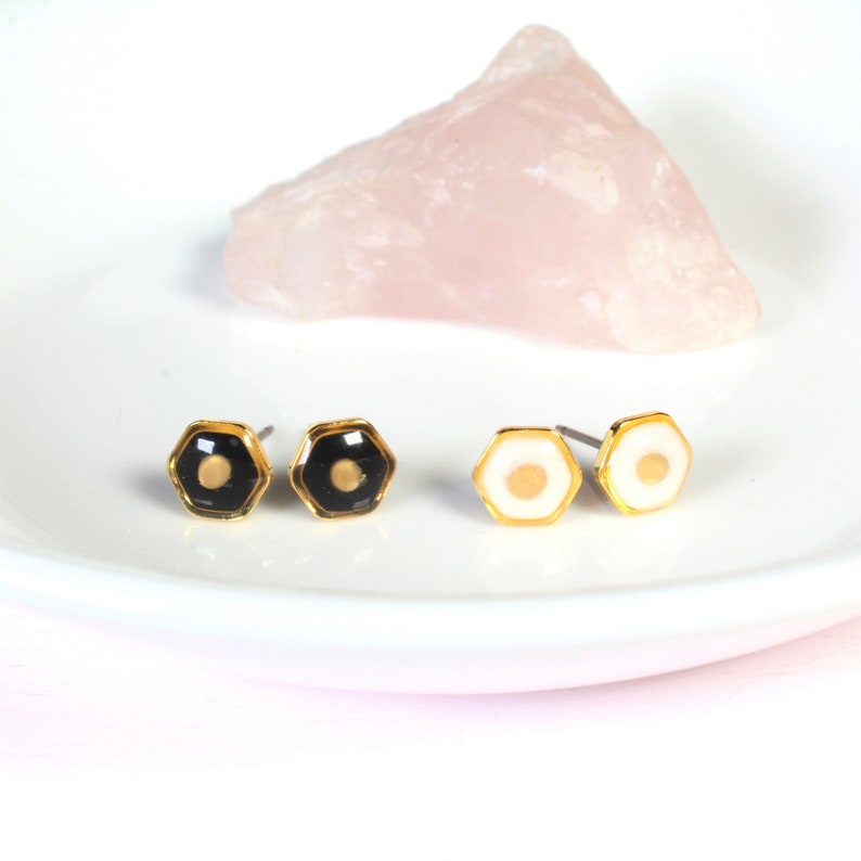 Mustard seed earrings, tiny hexagon stud earrings, hypoallergenic titanium, handmade gold faith jewelry, modern Christian gifts, religious image 1