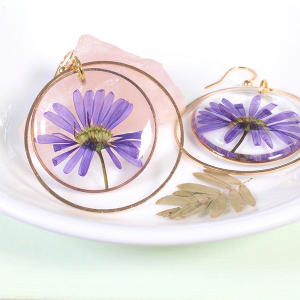 Pressed flower earrings, Aster, large dangle earrings, purple daisy, September birth flower jewelry, handmade botanical plant wildflower