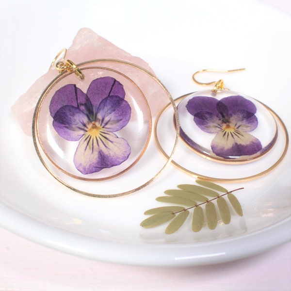 Pressed Flower Dangle Earrings, Large Violet Earrings, Real Purple Pansy Viola, Resin, Handmade Jewelry, February Birth Flower, Dried Flower