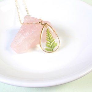 Fern necklace, teardrop resin pendant, pressed plant jewelry, handmade, nature necklace, gold filled, medium, green leaf, dried botanicals