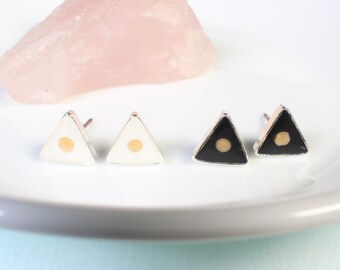 Mustard seed earrings, small triangle earrings, mountain faith studs, hypoallergenic titanium, Christian jewelry, handmade, resin, silver