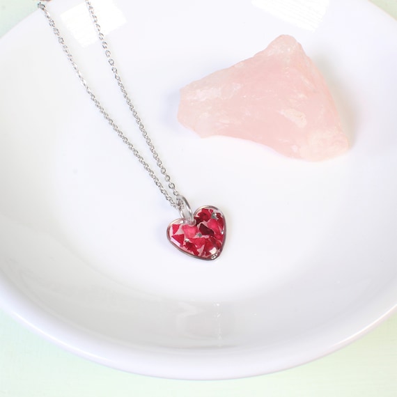 Flower Jewelry Heart Pendant Rose Petal Resin Necklace Dark Pink
