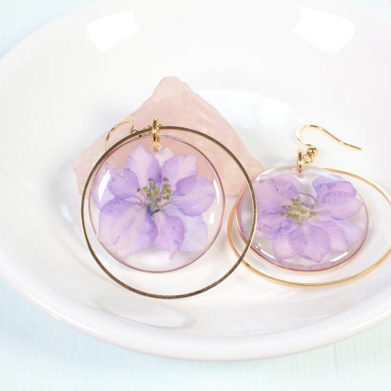 Light purple pressed flower earrings, large resin statement dangles, July  birth flower jewelry, handmade, gold, silver, botanical, nature