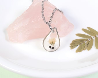 Small teardrop forget-me-not seed necklace with baby's breath, handmade gift for loss, grief, remembrance, miscarriage, forget me not seed