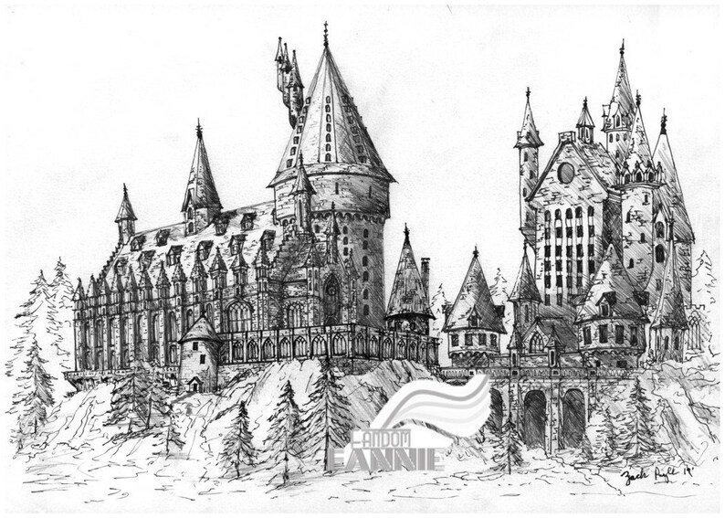 Hogwarts Castle Inspired Ink Architectural Drawing Print Etsy