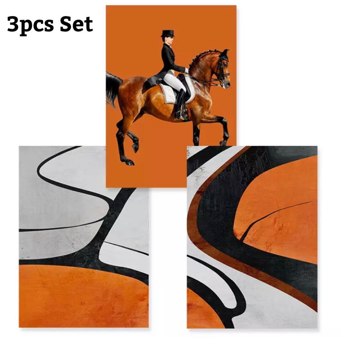 Modern Abstract Horse Orange Background Wall Art Prints Canvas Etsy