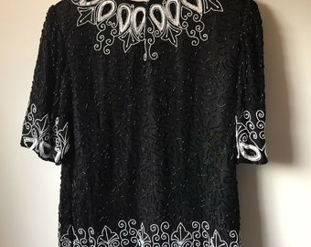 Casino Nites vintage embroidered beaded black silk tunic elegant evening size M
