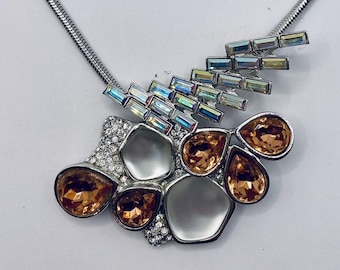 Monet Silver Tone Amber Crystal Convertible Statement Necklace Brooch Set