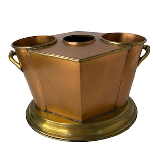 Portabottiglie da vino in rame e ottone antico con triplo scomparto e maniglie