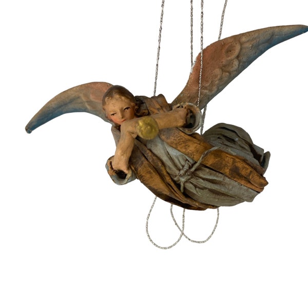 Vintage cartapesta papermache angel with trumpet spread wings handpainted ornament Christmas 6"