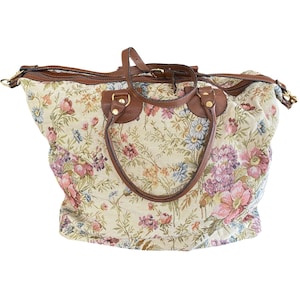 Bolso de mano vintage con tapiz floral y ruedas de cuero marrón italiano