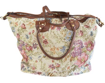 Vintage Floral Tapestry Weekender Carpet Bag Wheels Italy Brown Leather Duffel
