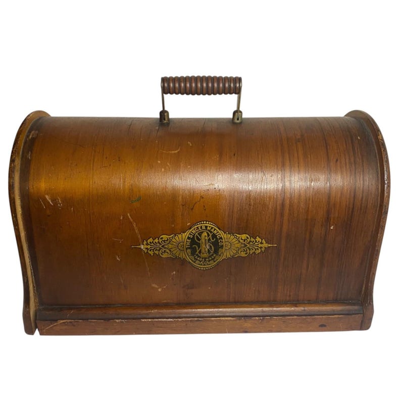 Máquina de coser Singer antigua de madera, caja de madera curvada, asa, sin herrajes, solo la tapa. imagen 1