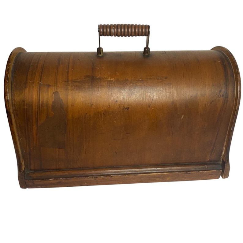 Máquina de coser Singer antigua de madera, caja de madera curvada, asa, sin herrajes, solo la tapa. imagen 3