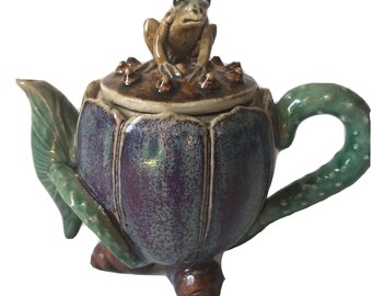 Artisan Studio Pottery Frog Teapot Purple Flower Snail Feet Whimsical Ceramic