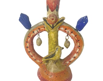 Mexico Folk Art 60s Metepec Candlestick Tree ofLife Bird Double Bell Aniline Dye