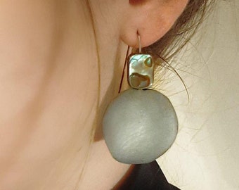 Concrete And Abalone Stone Dangling Statement Earrings, Elegant Organic Form Cement & Abalone shell stuning earrings