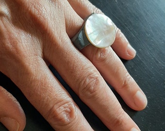 Contemporary Mother of Pearl Vintage Button and Concrete Statement Ring