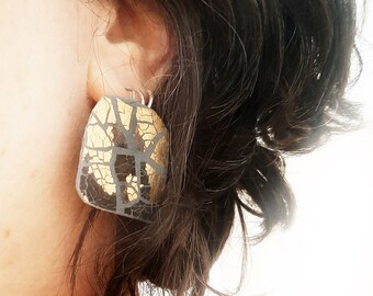 Over Size Bold Statement Earrings, Modern Concrete &  Brass Leaf Earring