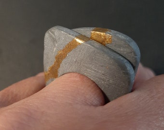 Contemporary beton statement rings, sliced concrete and gold stacked rings , cement & gold stripe statement rings