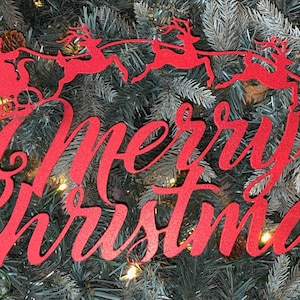 Merry Christmas Santa & Reindeer Metal Wall Hanging in Sparkly Red