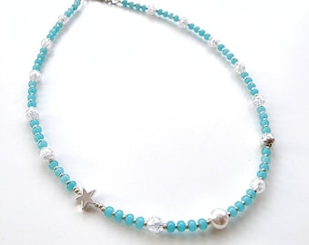 Aqua Blue Pearl Silver Glass Beads Necklace