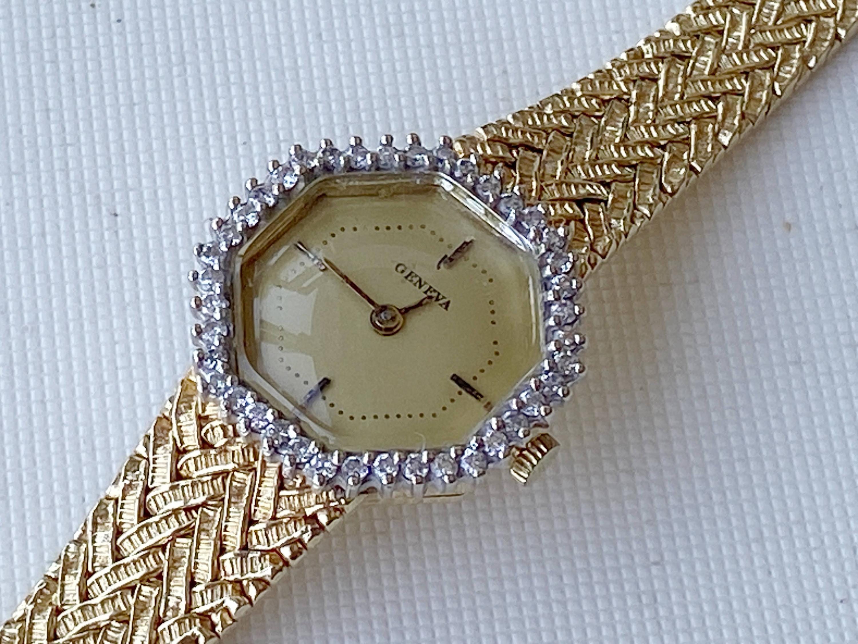 Vintage Geneva 14k Yellow Gold Diamond Watch: Braided Bracelet