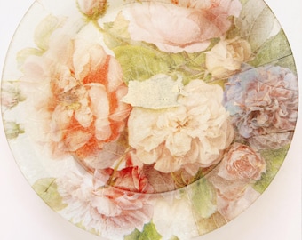 10" Clear Glass Decor Plate Floral Rose Decoupage Shabby Chic Cottage Core Art