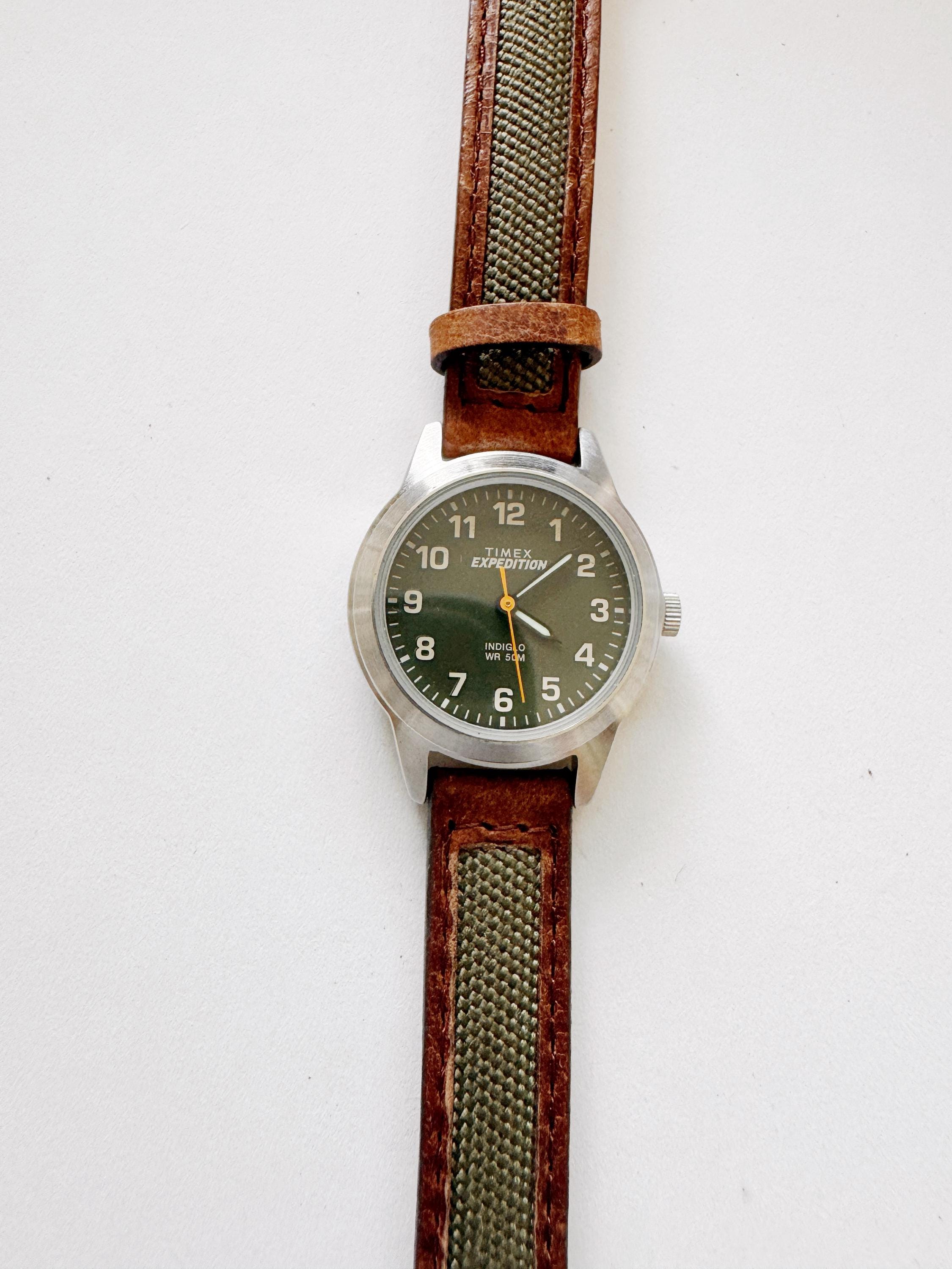 Timex Olive Green & Yellow Field Women\'s VINTAGE Fabric-Leather band Watch Expedition 42mm Acadia Rugged Leather Strap Watch, Olive  main image 3