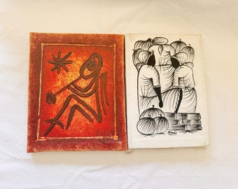2 Originale Vintage-Gemälde im Stil der Volkskunst auf Leinwand, signiert J. Noel & Elia, 8x10