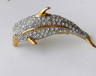 vintage goldfarbene Strass Brosche Delfin Modeschmuck 90 cm