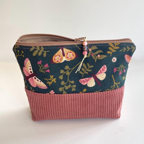 Cordtasche rosa Schmetterlinge | Reissverschluss Innenfutter 3 Innentaschen | Kosmetikbeutel Krimskramstasche für die Handtasche