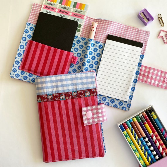 Stoff-mappe Block Stift | Etui Mit Inhalt | Baumwollstoffe Druckknopf | Rosa Blau | Schreibzeug Handtasche | Organizer Genäht