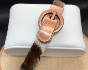 Brown & White Calf Hair Bracelet with Bronze Magnetic Buckle