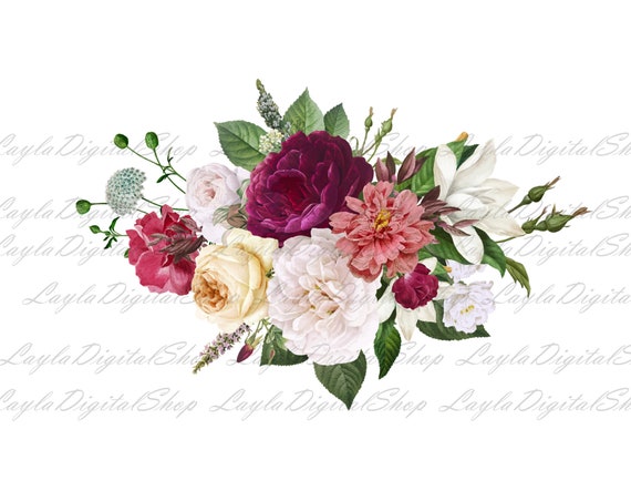 Rose Floral Bouquets Svg Png Wedding Watercolor Clipart Etsy