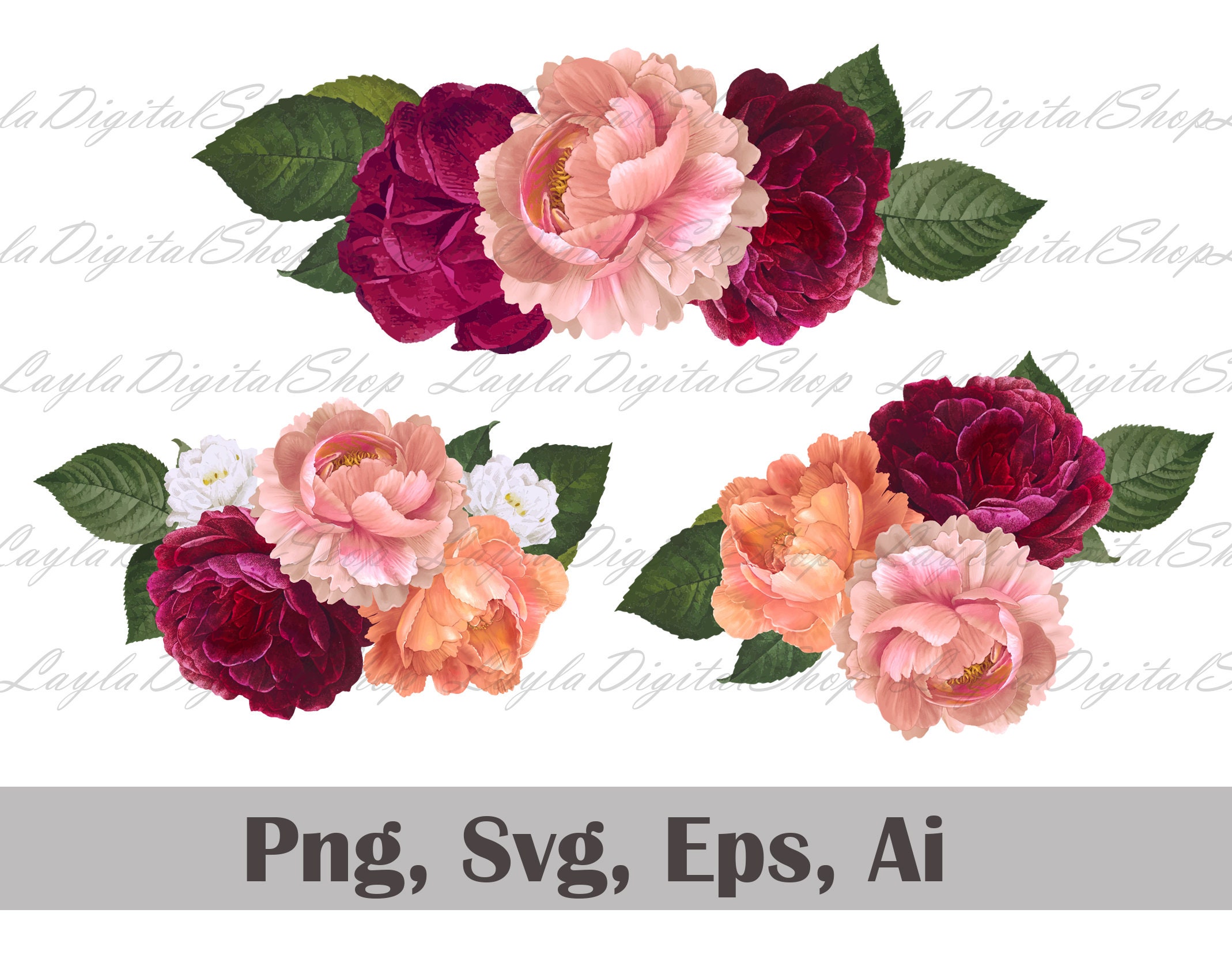 Download Burgundy Floral Clipart Rose Flower Png Svg Cream And Peach Etsy