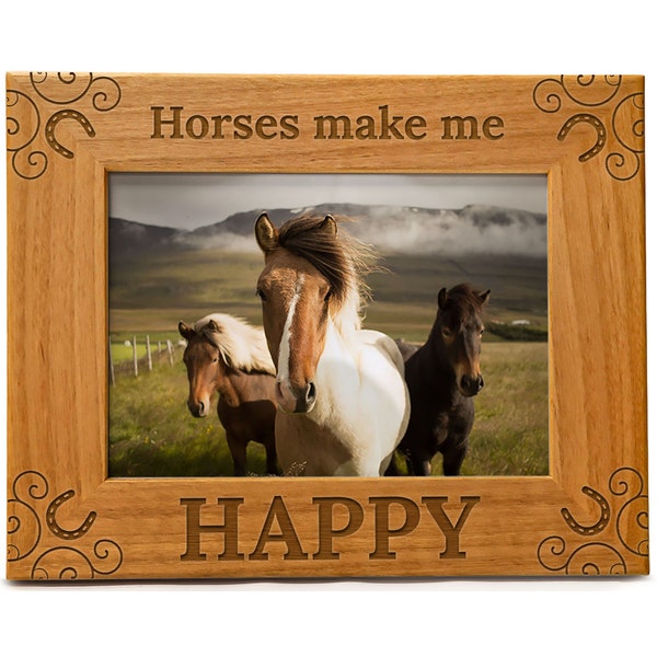 Horse Gifts for Women, "Horses Make Me Happy" Frame Engraved Natural Wood Horse Picture Frame for Horse Lovers, Available in Multiple Sizes