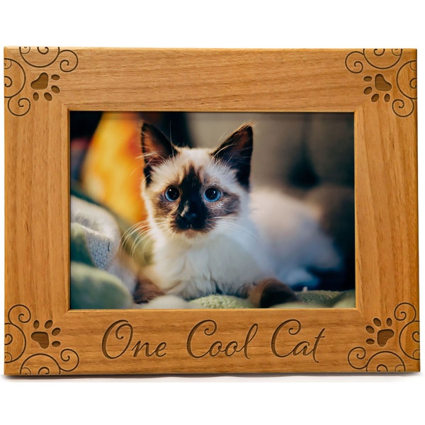 One Cool Cat Pet Picture Frame Engraved Natural Wood Cat Picture Frame, Cat Mom Gifts