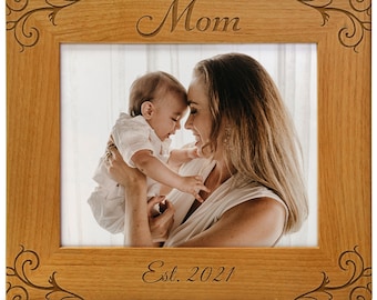 Mom Picture Frame, "Mom est. 2021",  Engraved Natural Wood Photo Frame, Gift for Mother to be, Christmas, available in multiple sizes