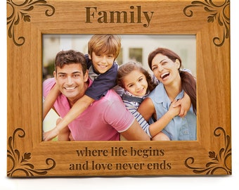 Family Picture Frame, "Family Where Life Begins And Love Never Ends" Laser Engraved Wood Picture Frame, Great Gift for Moms, Dads, Relatives