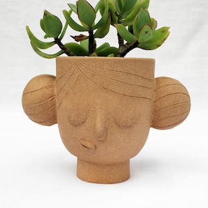 Peut inclure: Un pot de fleurs en céramique de couleur terre cuite en forme de visage avec les yeux fermés et deux éléments latéraux ronds. Le pot contient une plante succulente verte avec de petites feuilles arrondies. Le pot a une surface texturée.