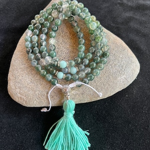 Moss Agate Mala | 108 Moss Agate beads, 3 Amazonite beads, Tassel | 8mm | Free storage pouch | Handmade | Adjustable